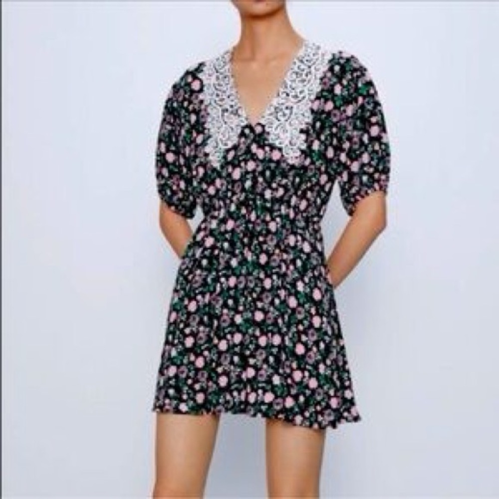 Zara Black and Pink flora Puff Sleeve dress lace collar 2 for $20